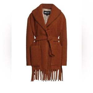 Just Cavalli Belted wrap fringe coat-Camel